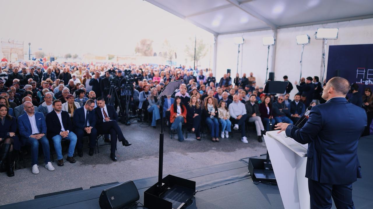 Robert Abela speaking in Birzebbuġa on Sunday. PL photo.