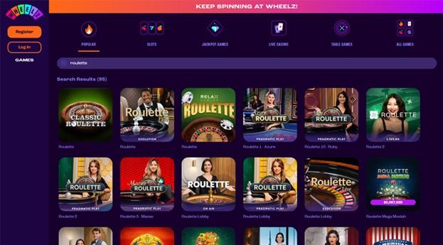 Wheelz casino's roulette selection featuring 95 games with vibrant design and popular live roulette options.