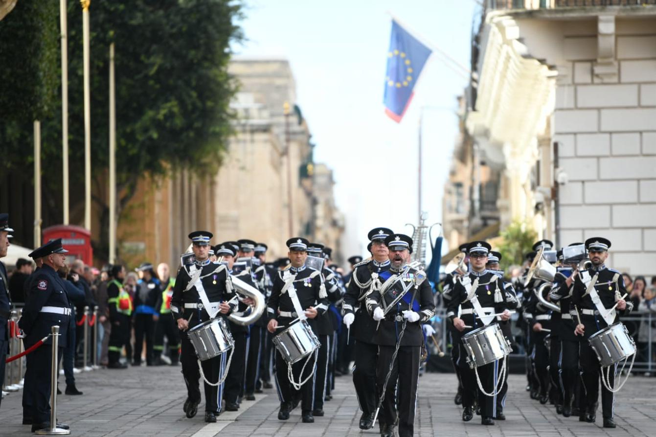 A band leads the Civil Protection Department's parade in Valletta. Photo Matthew Mirabelli.