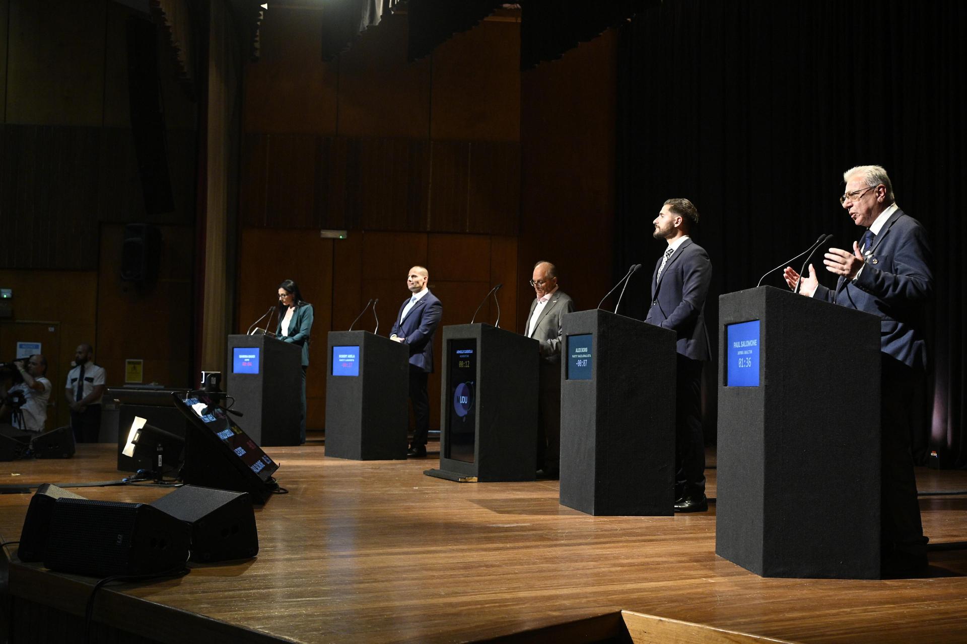 The full line-up: Sandra Gauci, Robert Abela, Arnold Cassola, Alex Borg, and Paul Salomone. Photo: Matthew Mirabelli
