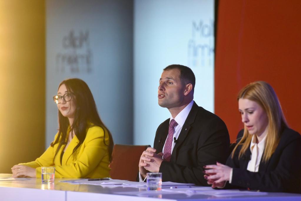 Robert Abela flanked by Naomi Cachia and Cressida Galea during Wednesday morning's press conference. Photo: Chris Sant Fournier