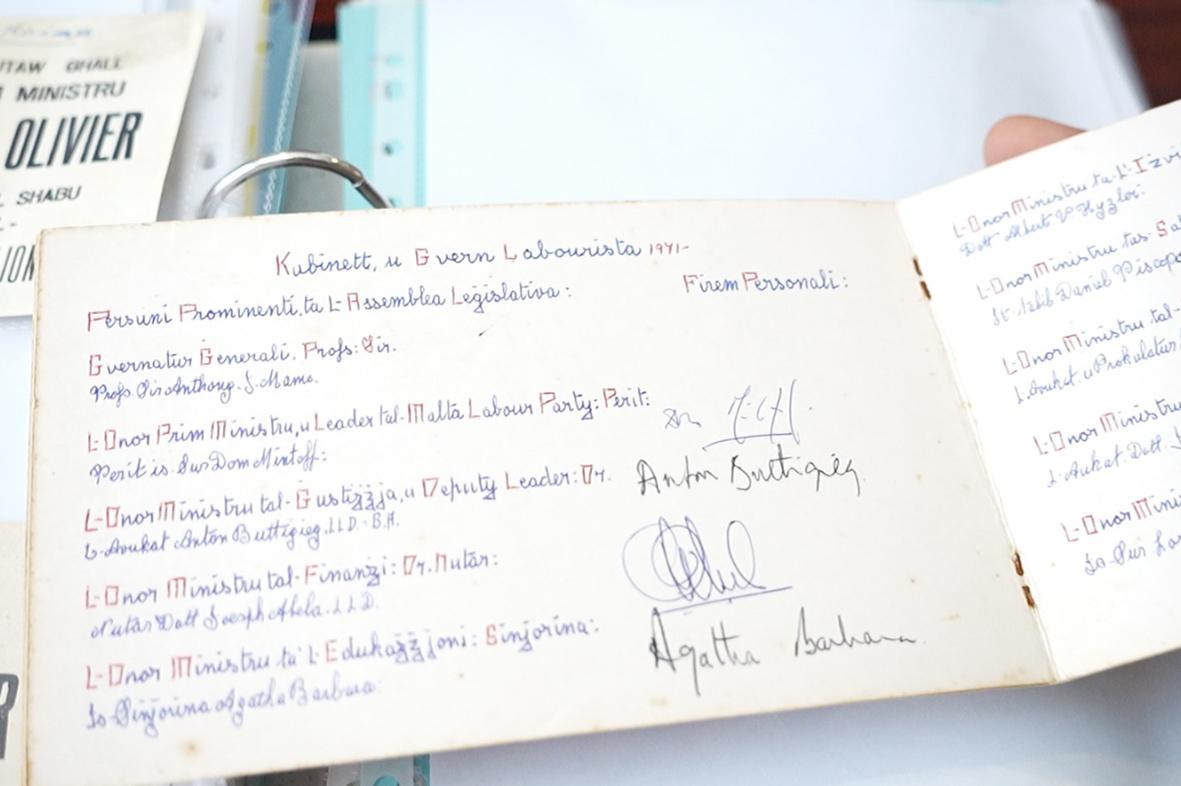 One of Dalli's prized possessions – a handdrawn booklet including 1970 cabinet signatures.
