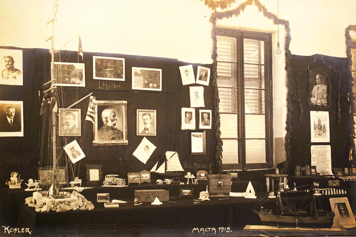 1916 postcard of displays of POW handcrafts in Malta.
