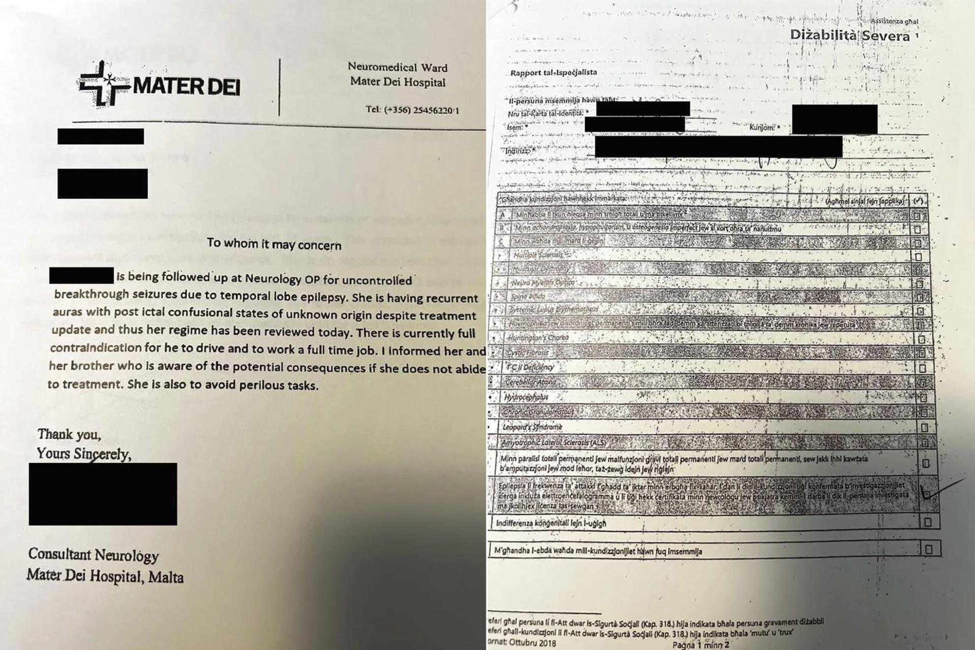 A forged hospital document and an application for disability benefits.