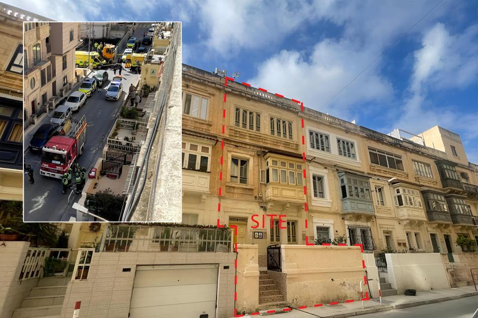 The townhouse on St Ignatius Street, Sliema, where the roof collapsed and (inset) the rescue operation that followed.