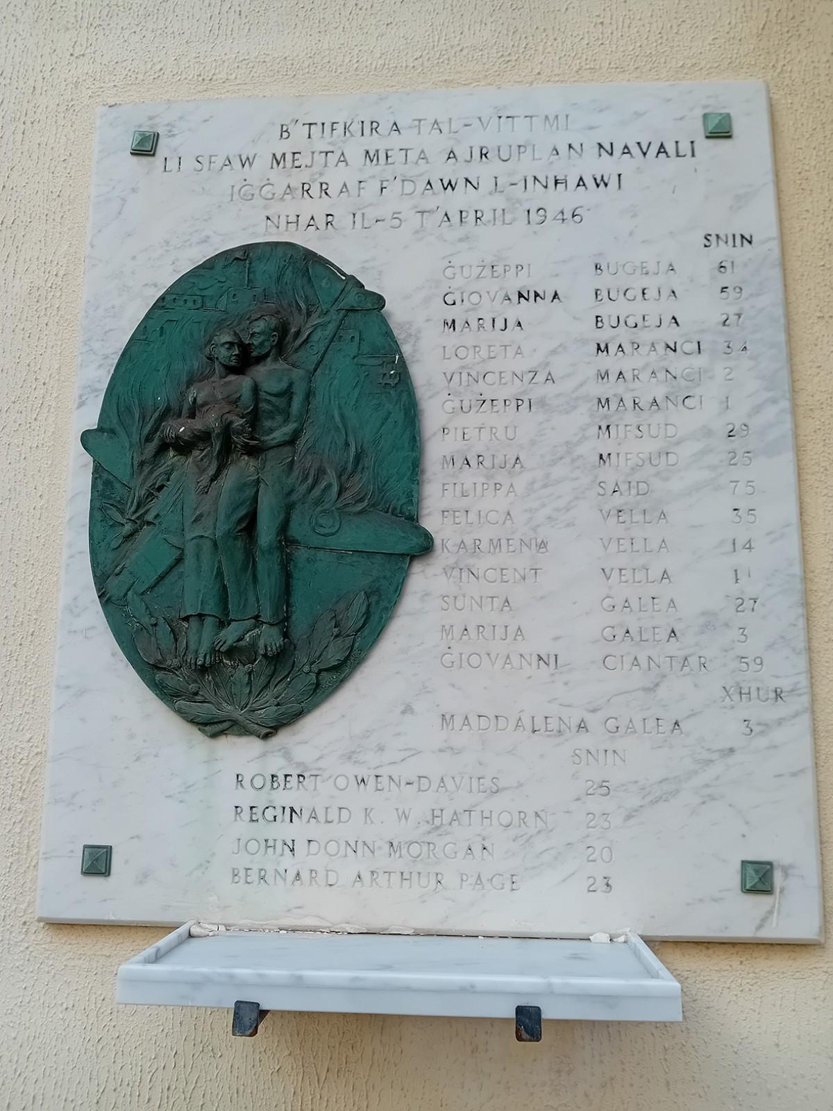 The marble plaque in St Publius Street commemorating the victims of the tragedy. Photo: Author&rsquo;s collection