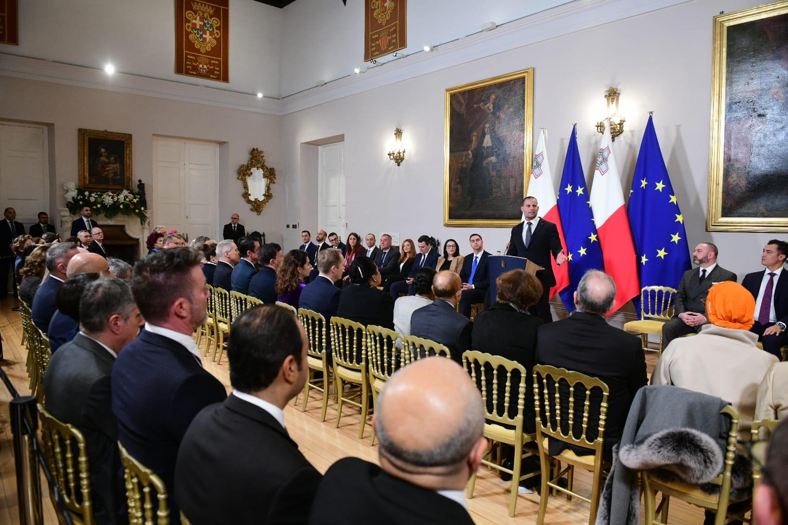 The prime minister addressing diplomats at the Auberge de Castille.