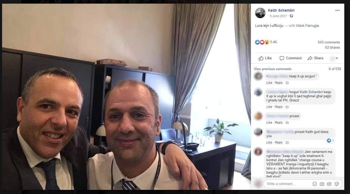 Keith Schembri with Mark Farrugia, who has replaced him as OPM chief of staff, following the 2017 general election victory. Photo: Facebook