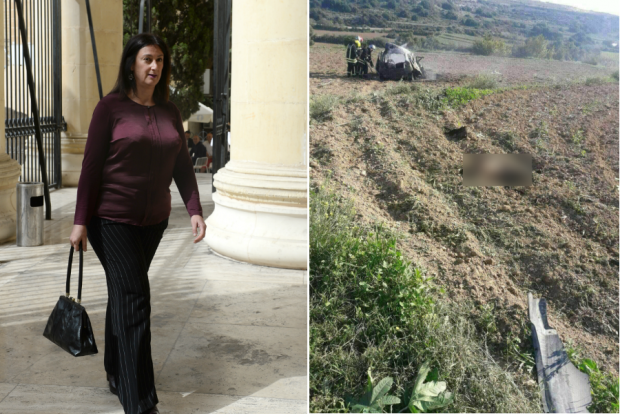 Journalist Daphne Caruana Galizia (left) and firefighters surveying the car wreck in Bidnija this afternoon (right).