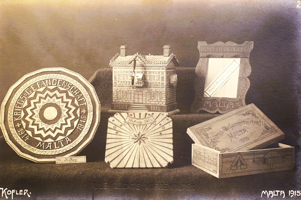 Postcard showing objects handcrafted by WWI Malta POWs.