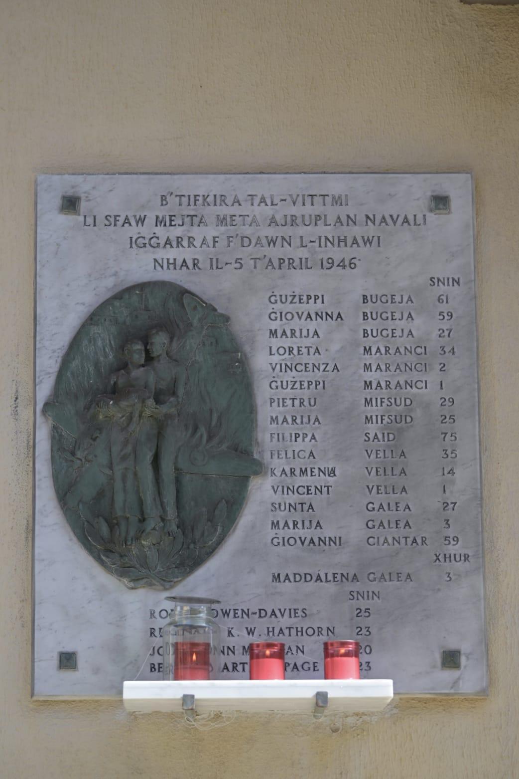 The memorial plaque in Rabat of the 5 April 1946 aviation crash. Photo: Matthew Mirabelli