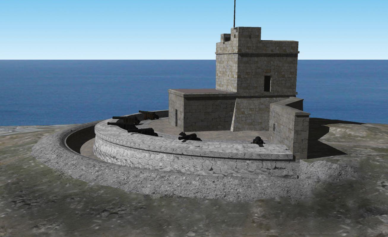 Graphic reconstruction of Aħrax Tower and its 1715 battery based on the remains of the northern enclosing wall and the 1906 British survey sheet. Photo Courtesy of Dr Stephen C. Spiteri