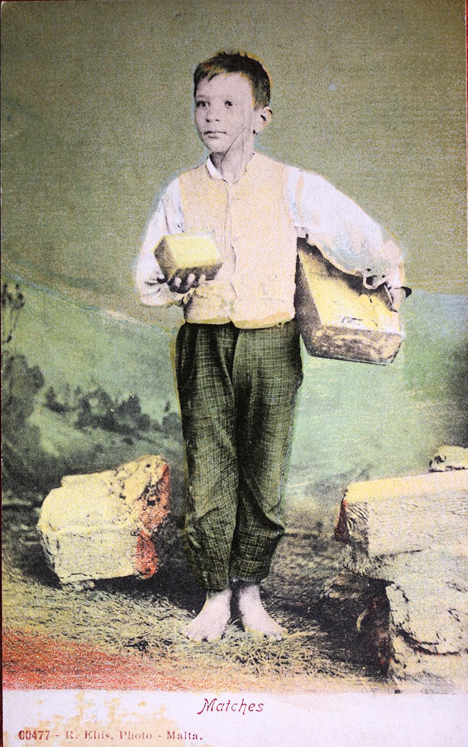 Richard Ellis included this match-selling boy in his series of colour postcards, c. 1903.