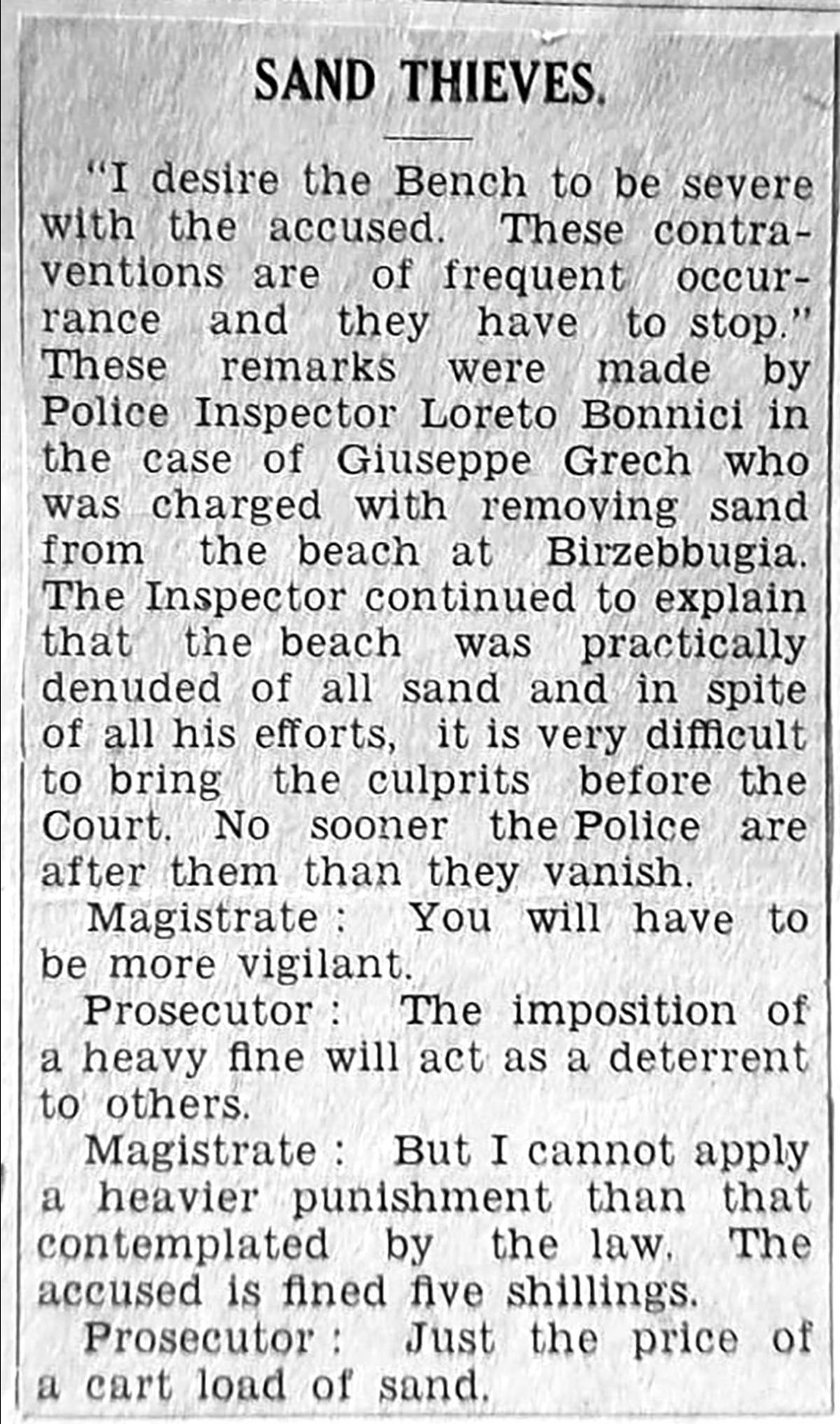 An extract from The Daily Malta Chronicle of January 1936, explaining how fines were not deterring sand thieves. Photo: National Archives of Malta