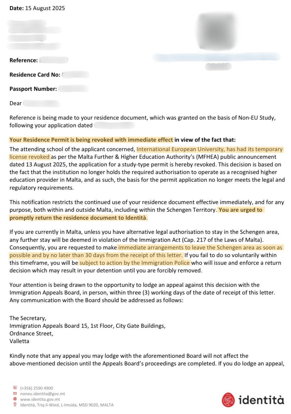 A redacted copy of a letter sent to an IEU student. Sections highlighted for clarity.
