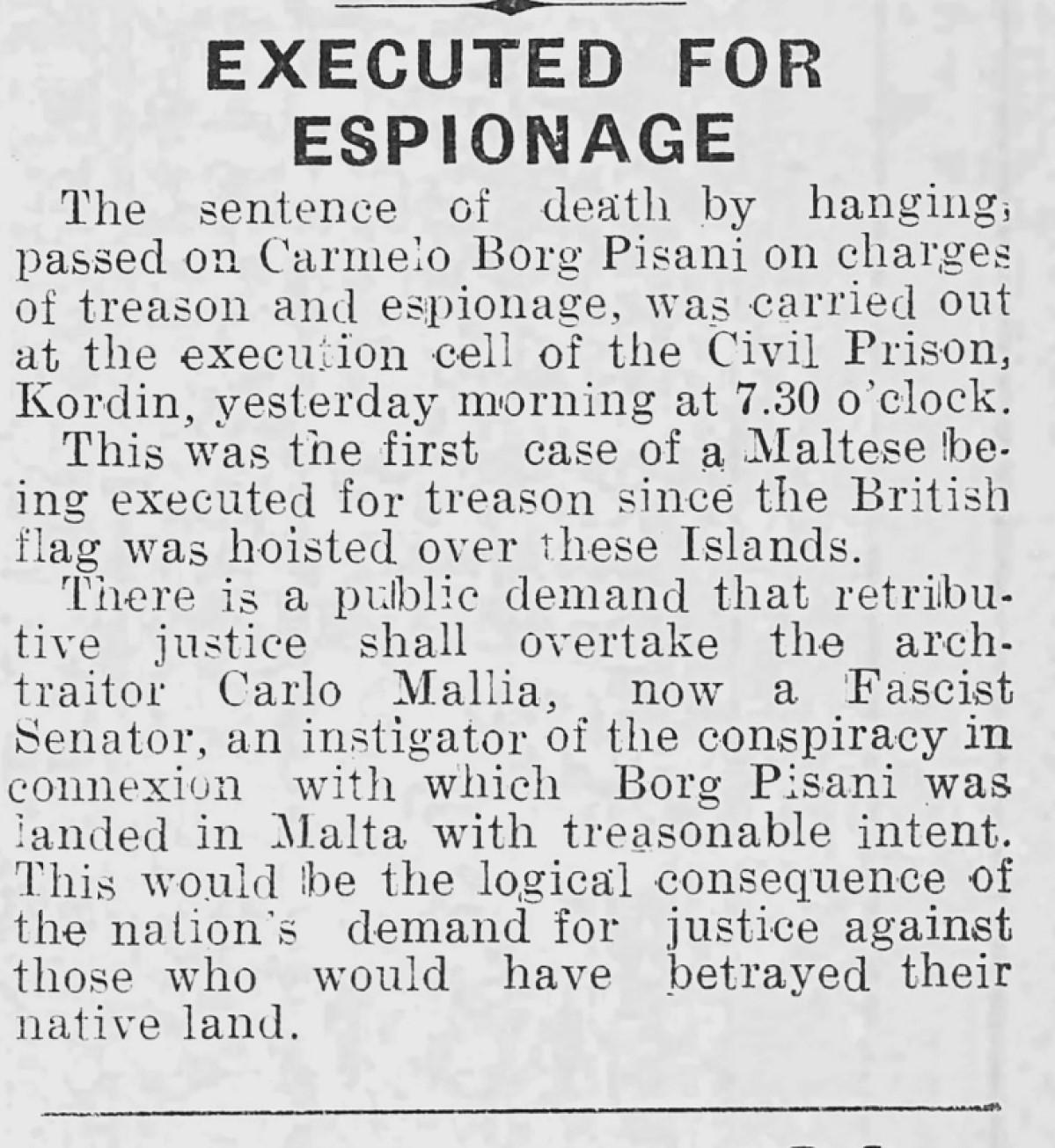 The Times of Malta reported Carmelo Borg Pisani&rsquo;s execution on November 29, 1942. Photo: National Archives of Malta