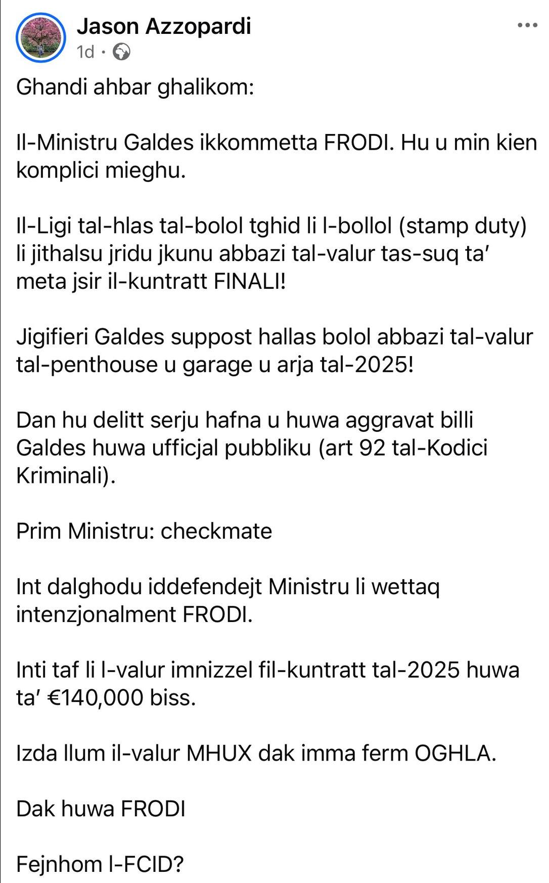 Jason Azzopardi accused Galdes of fraud. Photo: Facebook