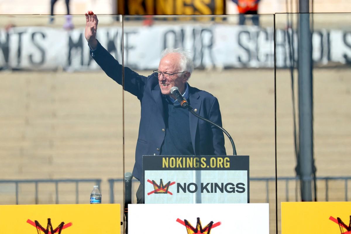 Senator Bernie Sanders speaks onstage as Hundreds of Thousands Protest as part of the No Kings Rallies on March 28 in St Paul, Minnesota. Photo: AFP