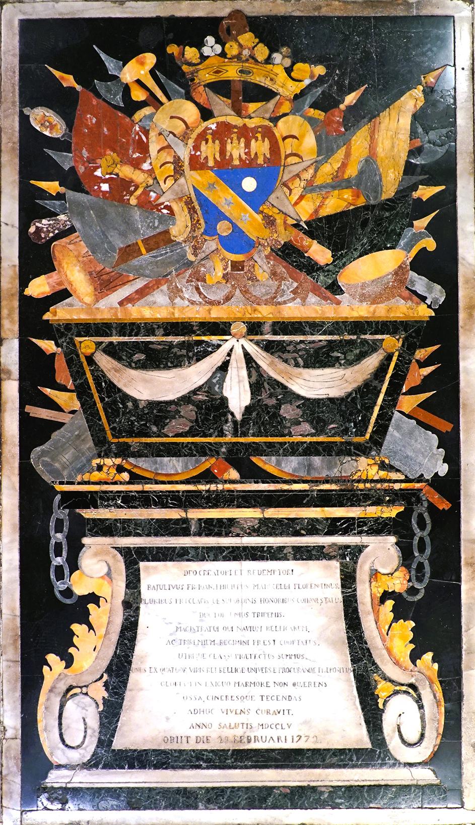 The marble tombstone of Marucelli at St John&rsquo;s Co-Cathedral prepared in 1755. He died in 1772 and is buried in Florence. Photo: St John&rsquo;s Co-Cathedral Foundation