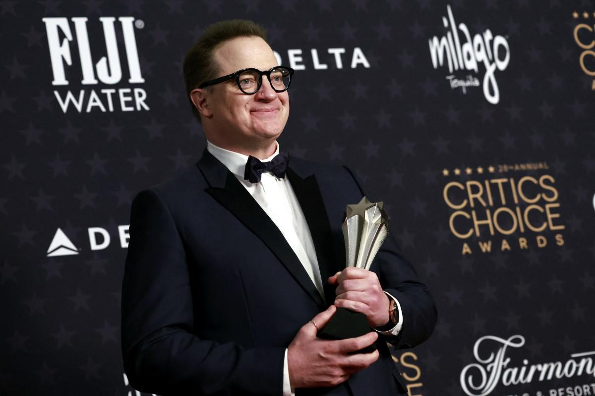 US actor Brendan Fraser poses in the press room with the Best Actor award for &lsquo;The Whale&rsquo; during the 28th Annual Critics Choice Awards.