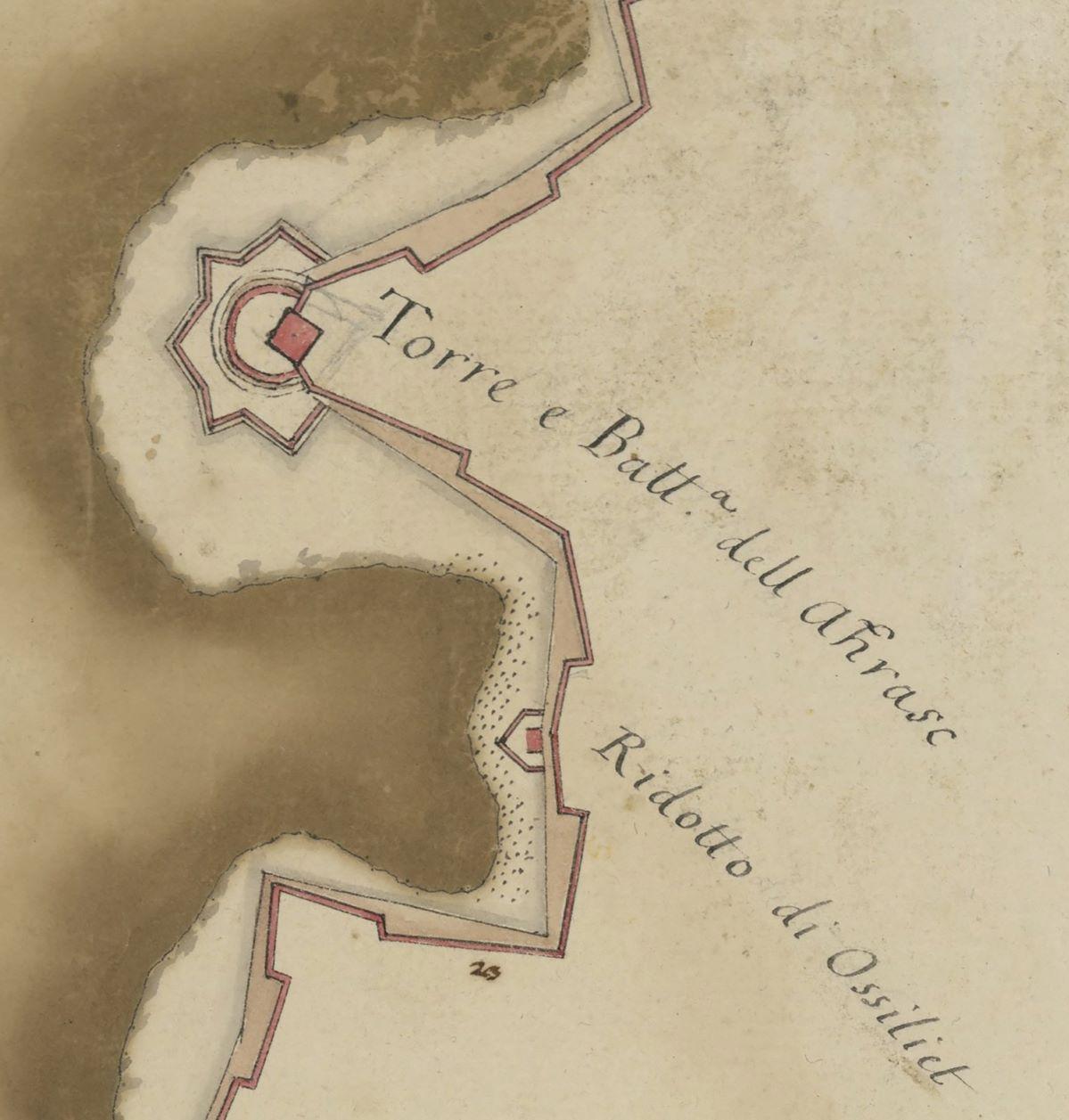 Detail from the 1761 plan revealing a different configuration of the Aħrax Tower and Battery compared to that of the 1906 survey sheet. The two walls emerge from two corners of the diagonally placed tower. Photo courtesy of The National Library of Malta
