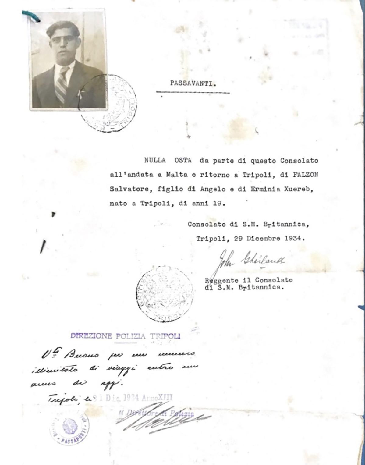 Passavanti issued by the British Consulate for Salvatore Falzon in 1934 and countersigned by the Italian Police in Tripoli. Photo: National Archives of Malta