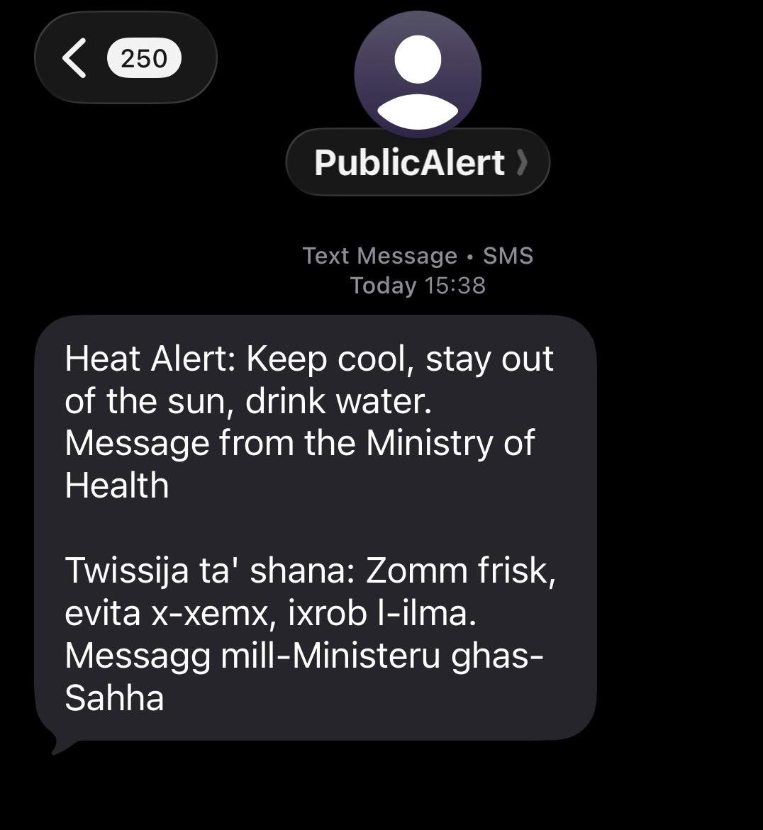 The PublicAlert sent via SMS by the Ministry of Health
