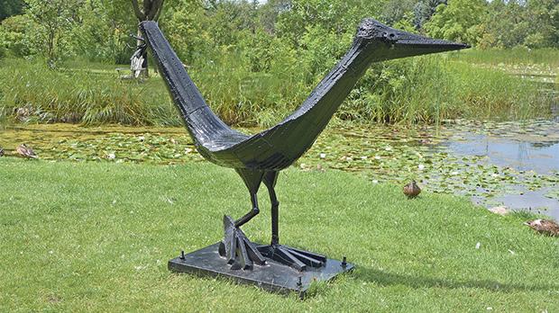 Oiseau (The Bird), by Paul Borduas, situated in the Botanical Gardens&rsquo; Shrub Garden, the painted-steel sculpture was designed after an illustration by Vittorio.