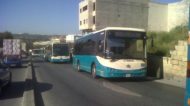 Buses held up in the traffic jam at Qormi this morning.