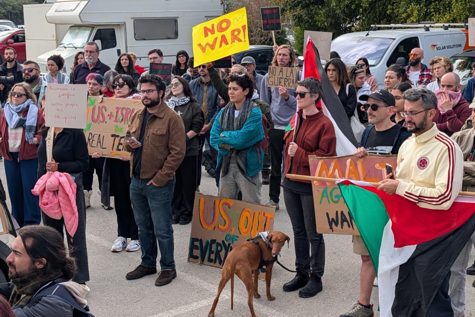 Activists protest the Iran war outside the US embassy in Ta' Qali. Photo: Chris Sant Fournier.