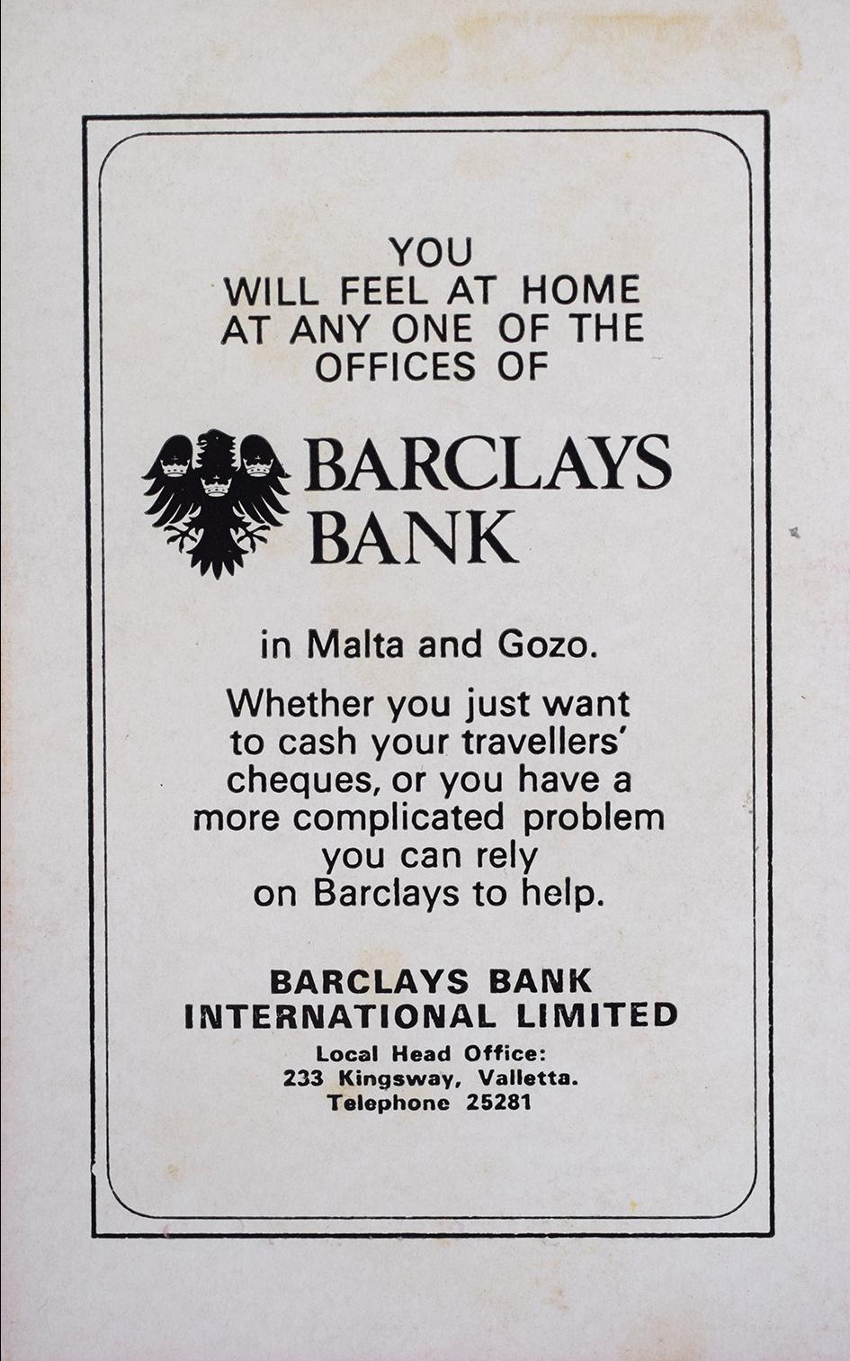 One of a set of cards issued by Barclays Bank in the 1950s; all have Gozo images on the picture side.