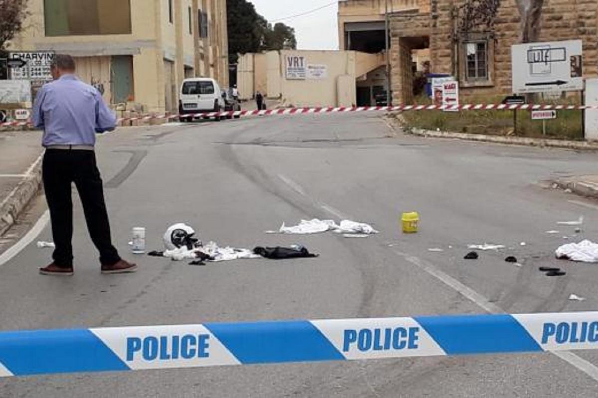 The scene in Luqa on 15 May 2018 when traffic policeman Simon Schembri was hit by a Mercedes and dragged for several metres.