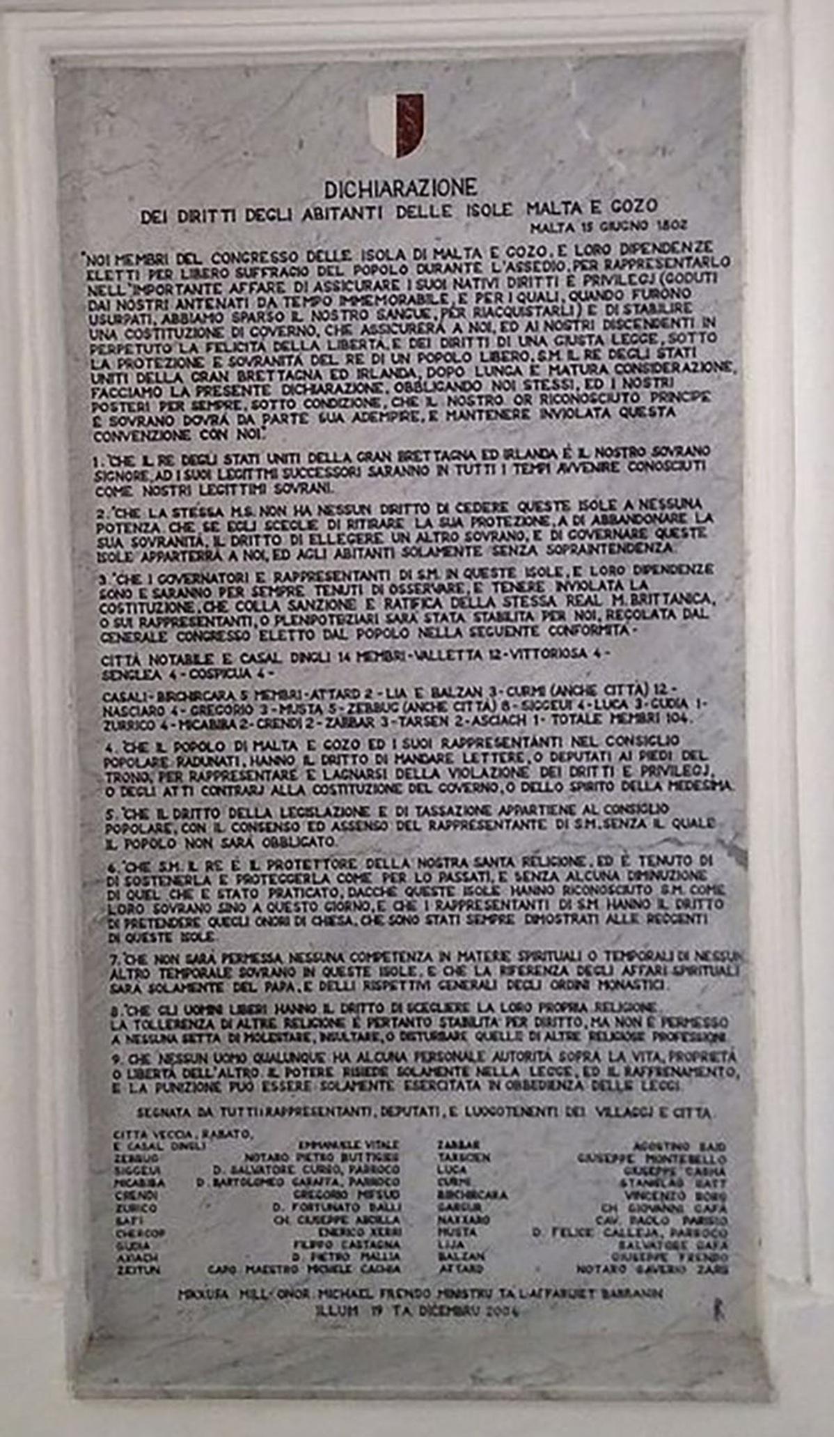 Malta&rsquo;s Declaration of Rights, 1802: Marble Tablet at Palazzo Parisio, Valletta. Photo: Ministry of Foreign Affairs, Valletta
