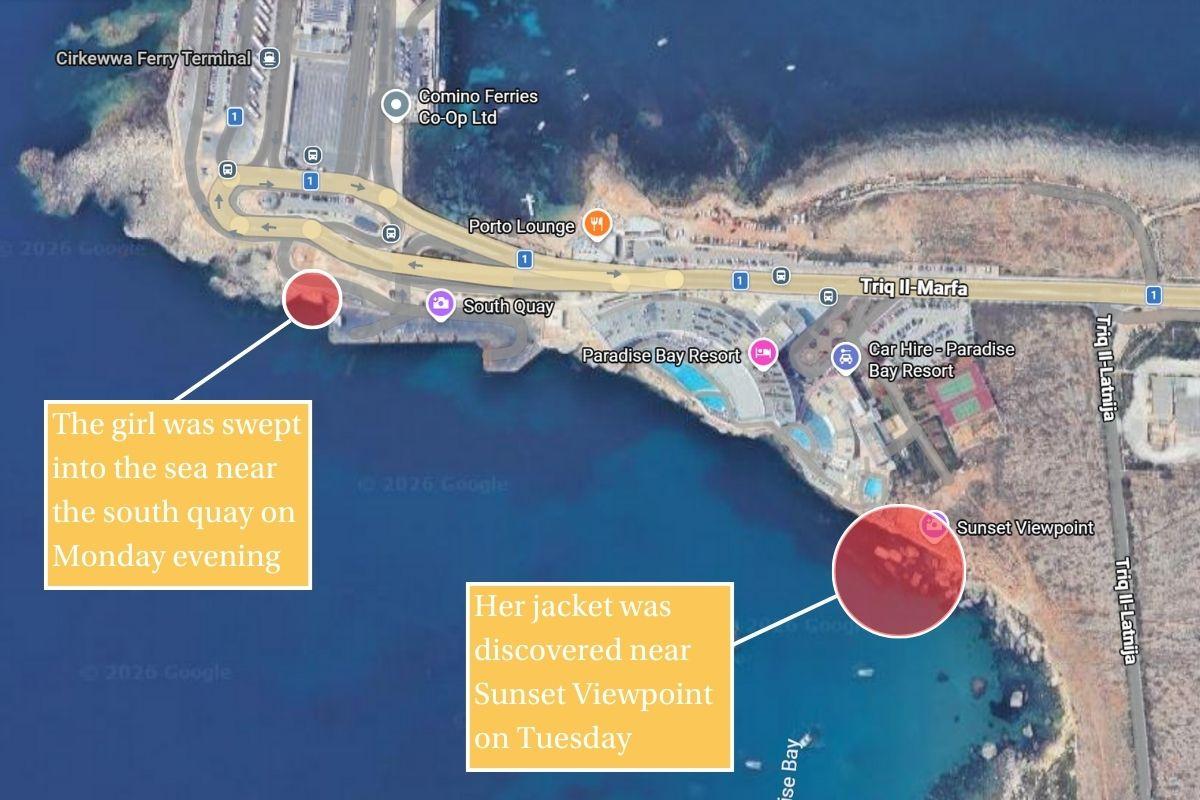 The jacket was discovered along the coast in the direction of Paradise Bay beach. Graphic: Google Maps/James Cummings.