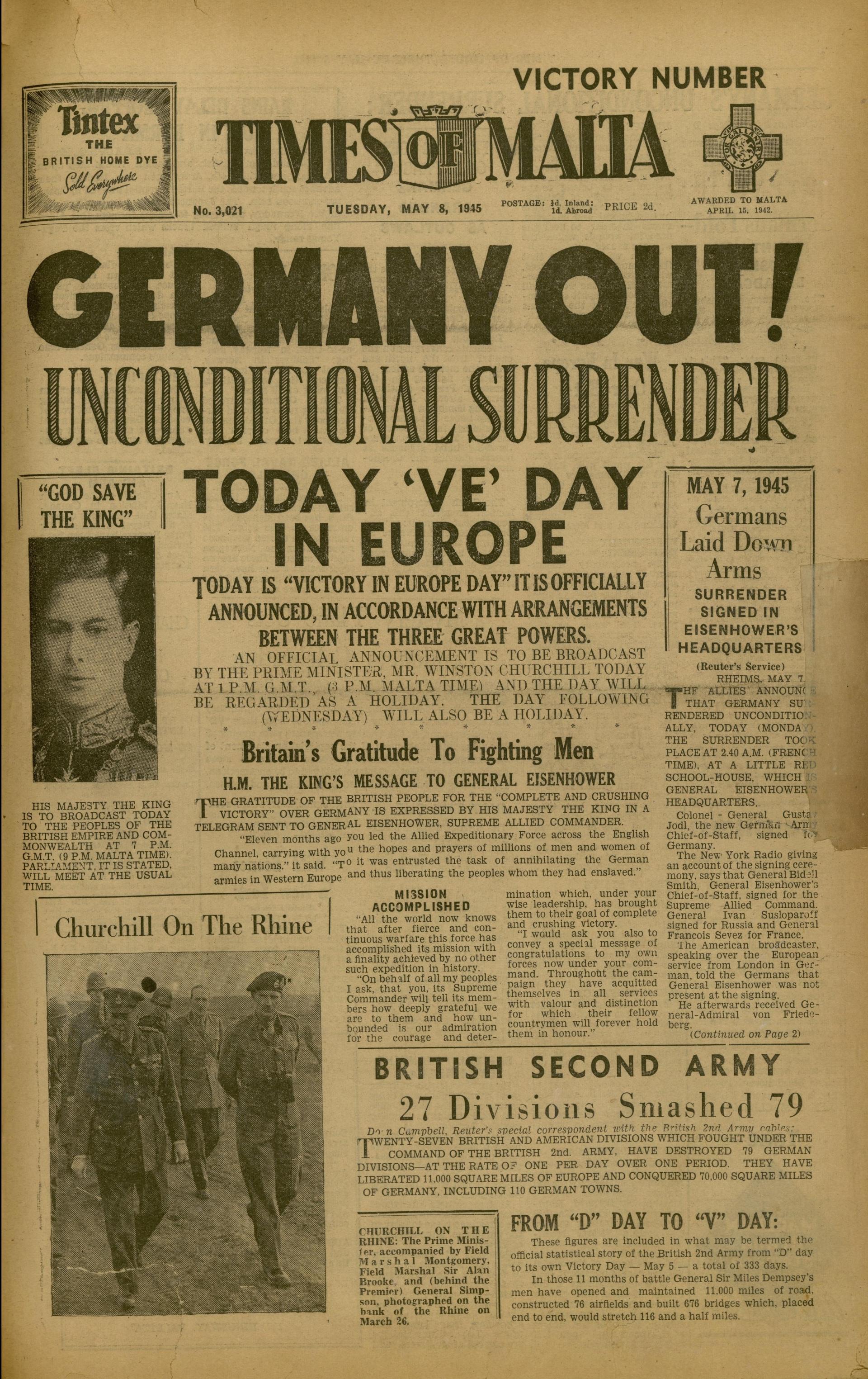 The issue of the <em>Times of Malta</em> with the headline &lsquo;Germany Out: Unconditional Surrender&rsquo;. Photo: National Library of Malta