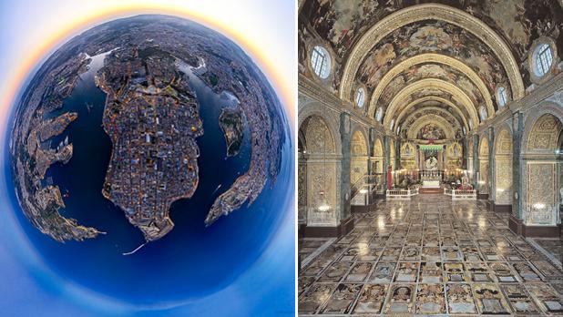 A bird&rsquo;s-eye view of the Grand Harbour. Right: St John&rsquo;s Co-Cathedral in Valletta.