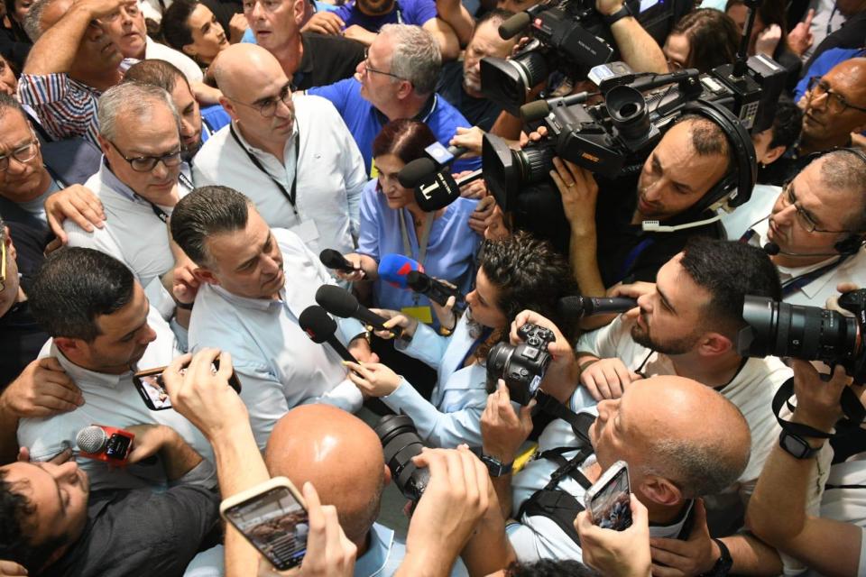Bernard Grech fielding questions from the media at the counting hall on Sunday. Photo: Matthew Mirabelli. 