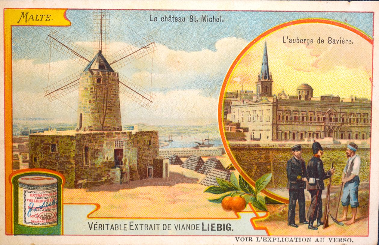 A Liebig Malta card showing a windmill and the Auberge de Bavi&egrave;re.