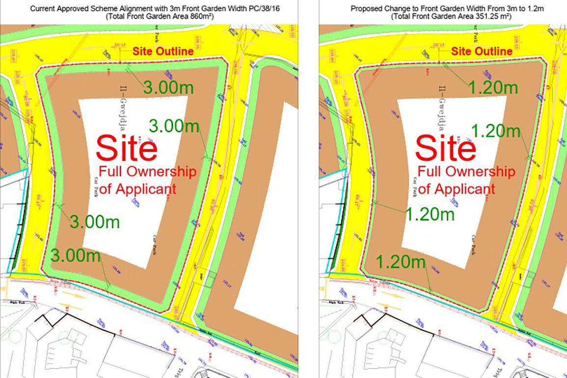 Plans showing the developers&rsquo; proposal to shrink the front garden zone. Photo: Planning Authority