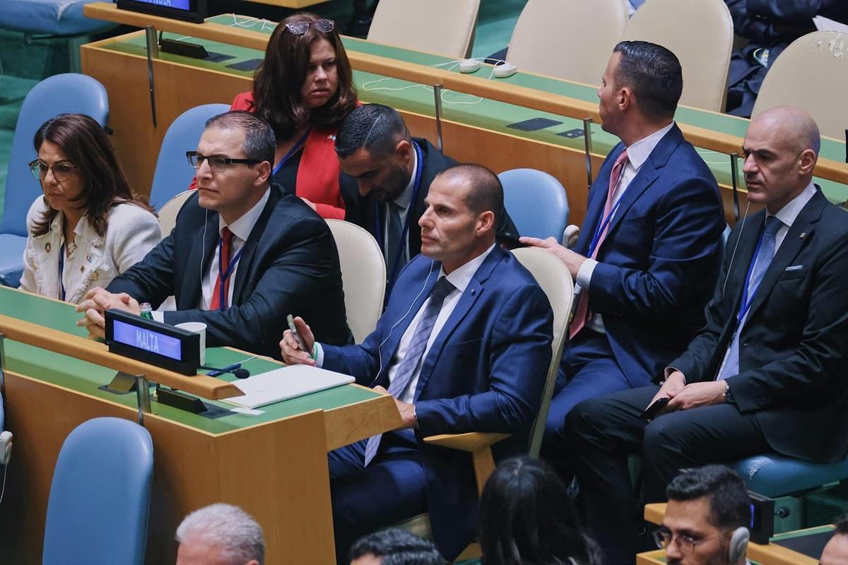 Prime Minister Robert Abela and other Maltese delegates during Monday's UN meeting. Photo: DOI
