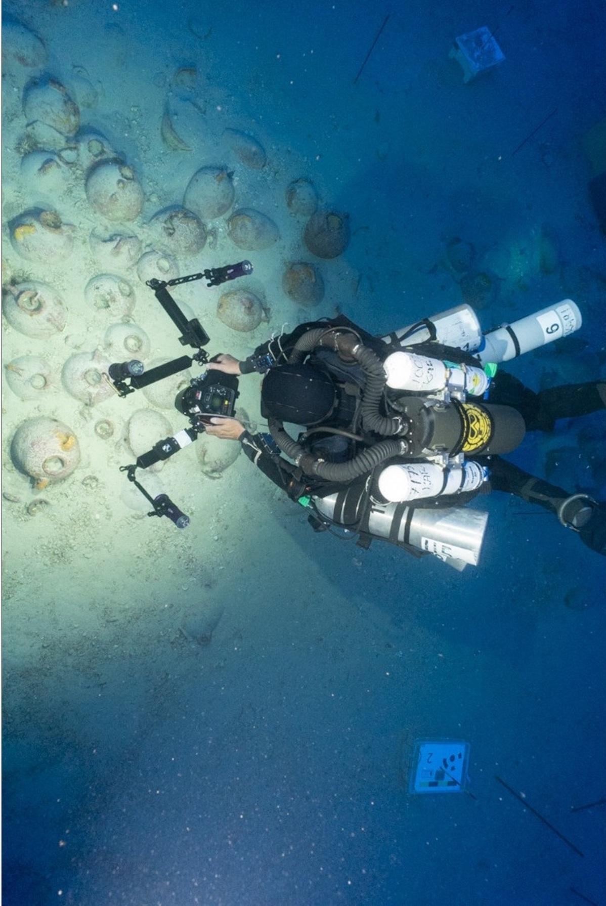 Documentation of the Phoenician wreck located at a depth of 110 metres. Photo: David Gracion/University of Malta.