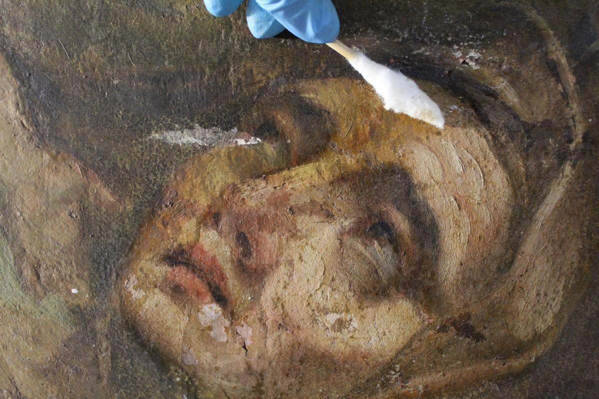 Details from the Our lady of Graces altarpiece taken during the initial stages of conservation and showing the poor state in which it was found. Photo: ASC Conservation Centre Ltd