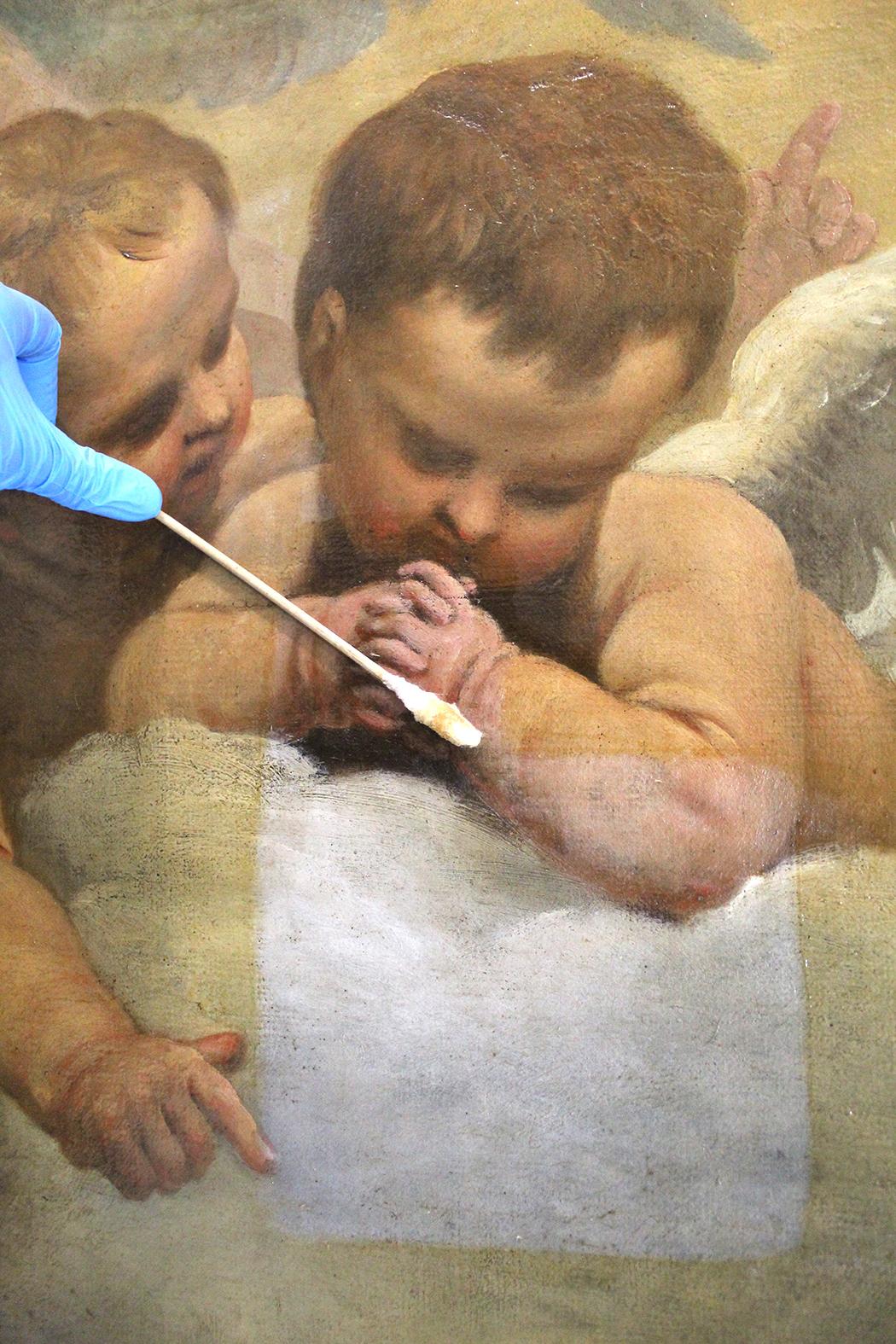 Details taken during the cleaning of varnish and overpaint. Photo credit: ASC Conservation Centre Ltd.