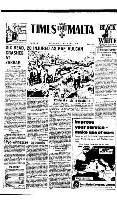 The front page of Times of Malta featuring the crash.