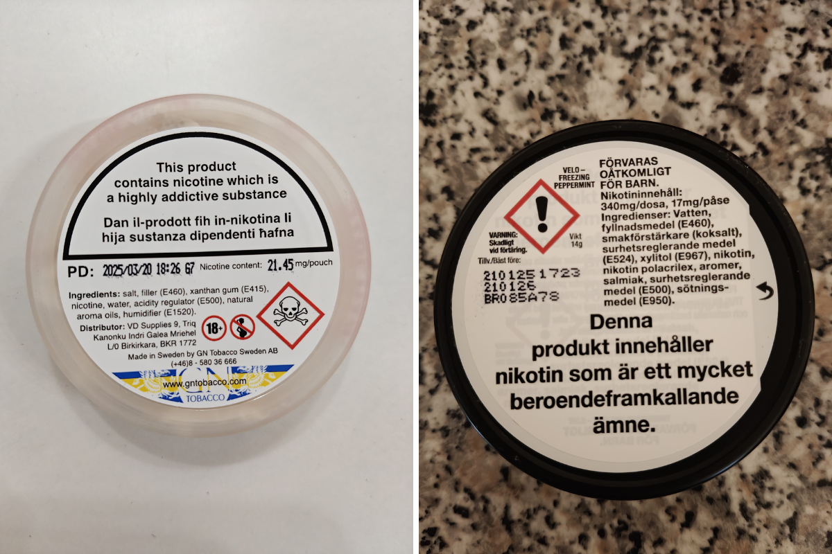 A container with a warning message in English and Maltese. Another container with only a message in Swedish. Photo: Marc Galdes