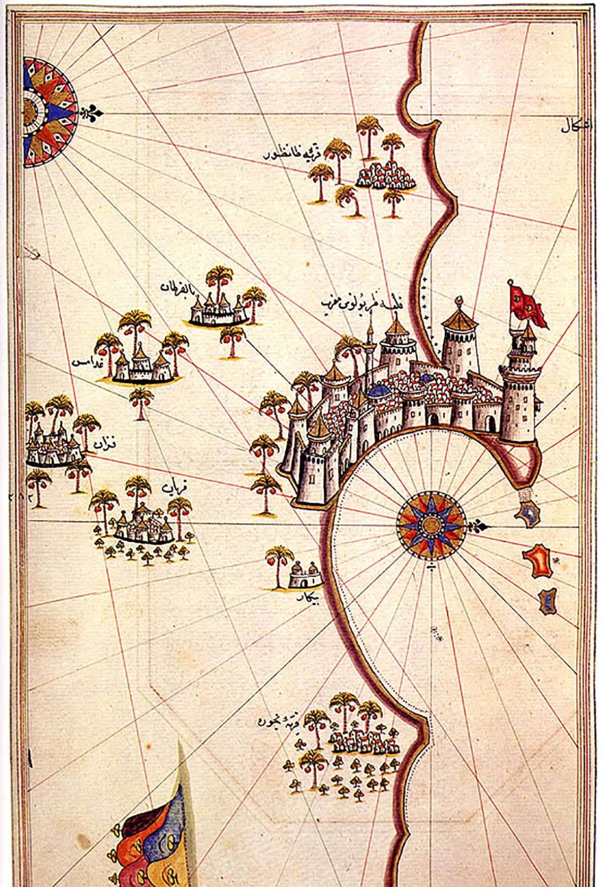 A 16th-century map of Tripoli by Ottoman Turkish cartographer, admiral, navigator and corsair Piri Reis, indicating the Red Castle on the left.