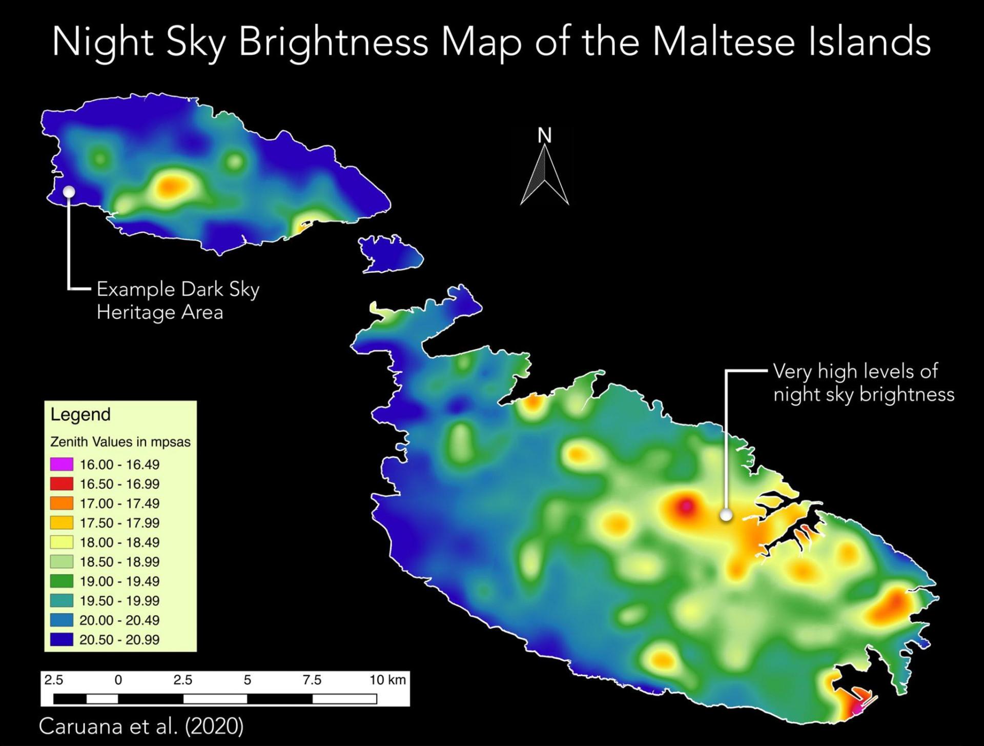 A light pollution map recorded by Caruana and other researchers in 2020. Photo: Joseph Caruana