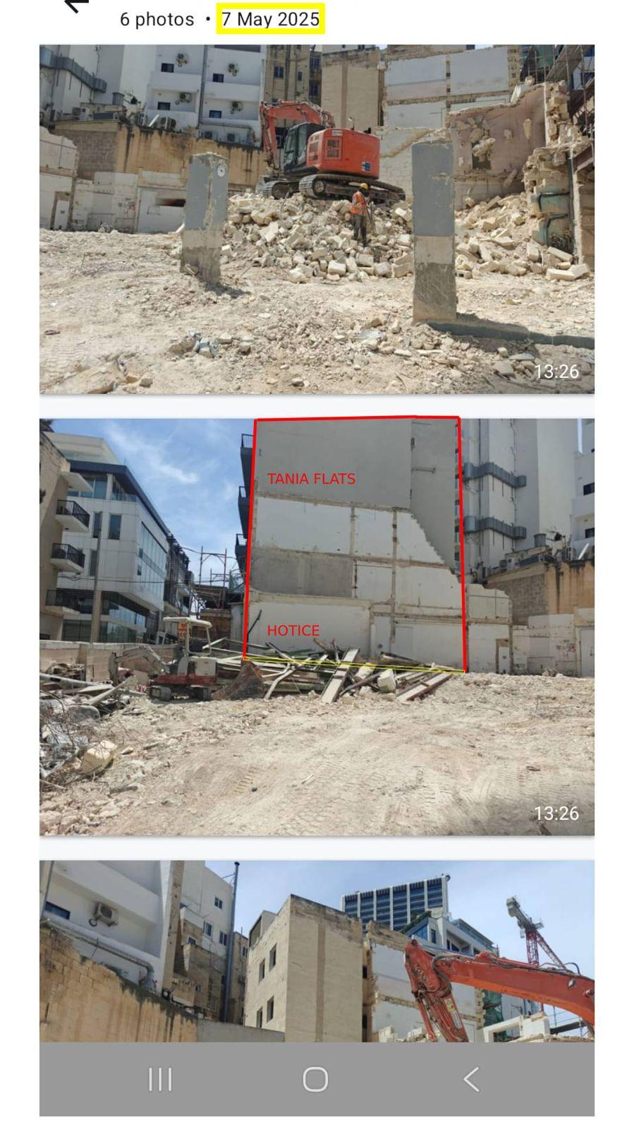 The developer says this photo proves works stopped next to the Tania Flats on May 7.
