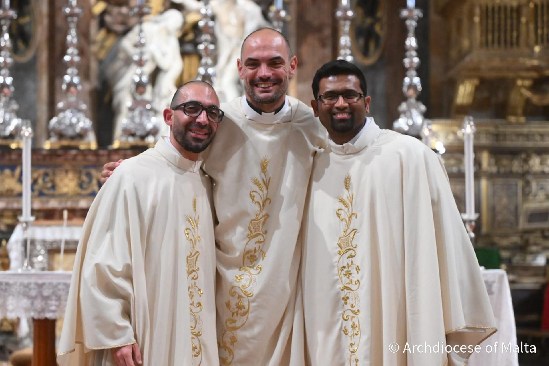 Fr David Pace, Fr Ryan Dalli and Fr Jerome Barnabas were ordained on Saturday. Photo: Archdiocese of Malta
