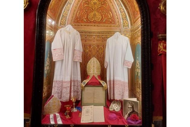 Liturgical vestments on display during Visitation feast